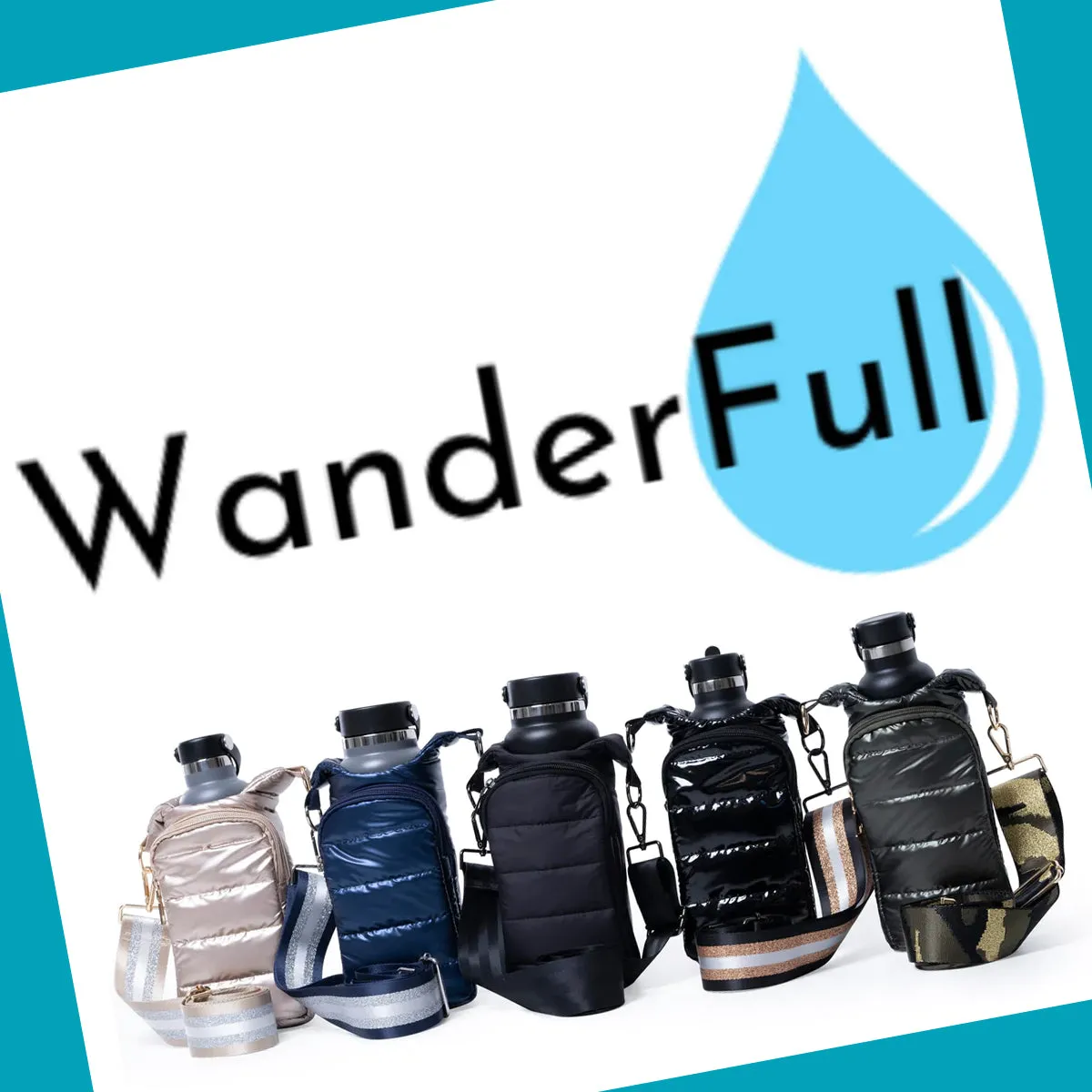 Copy of Wanderfull Water Bottle Bag White Glossy & Striped Strap Carrier Puffer Tote Quilted Handbag Sling Crossbody