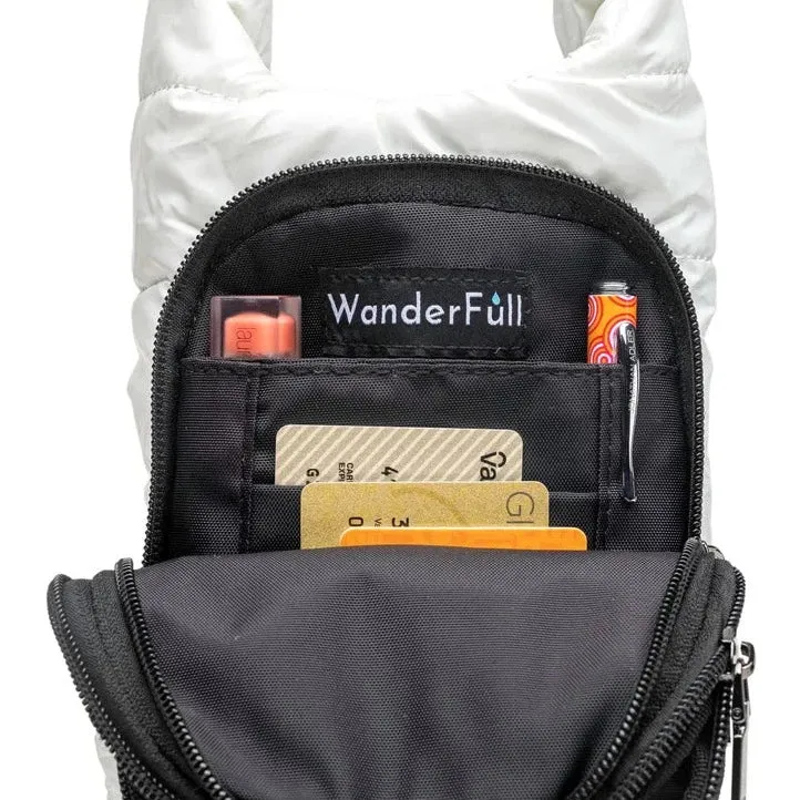 Copy of Wanderfull Water Bottle Bag White Glossy & Striped Strap Carrier Puffer Tote Quilted Handbag Sling Crossbody