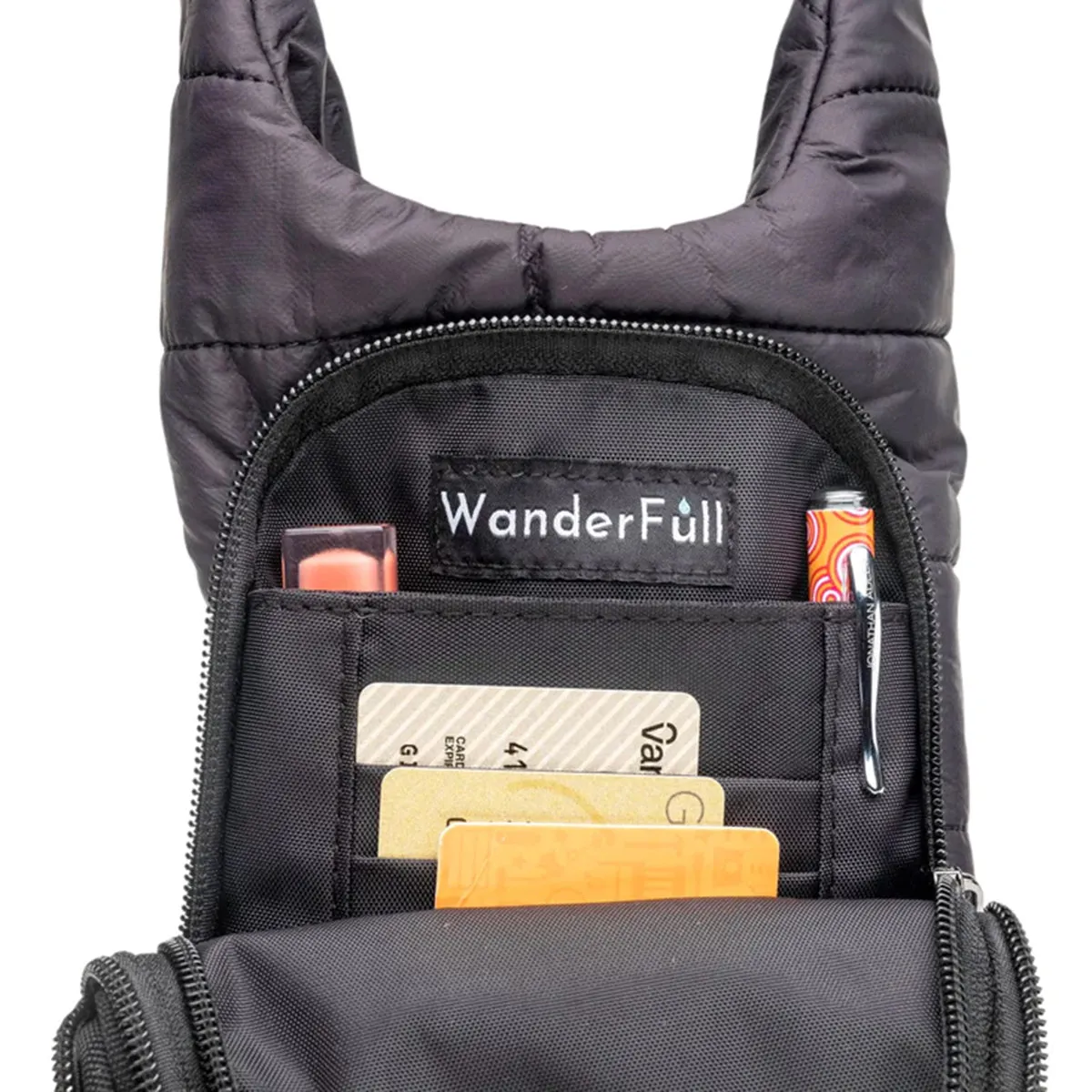 Copy of Wanderfull Water Bottle Bag White Glossy & Striped Strap Carrier Puffer Tote Quilted Handbag Sling Crossbody