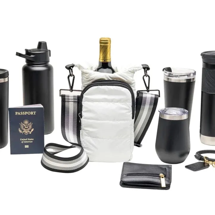 Copy of Wanderfull Water Bottle Bag White Glossy & Striped Strap Carrier Puffer Tote Quilted Handbag Sling Crossbody