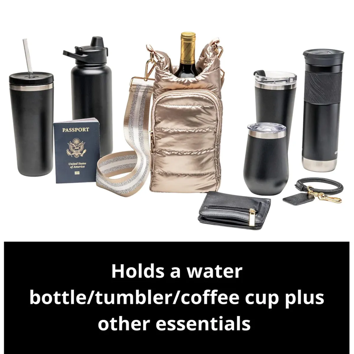 Wanderfull Water Bottle Bag Gold Metallic & Striped Strap Carrier Puffer Tote Quilted Handbag Sling Crossbody