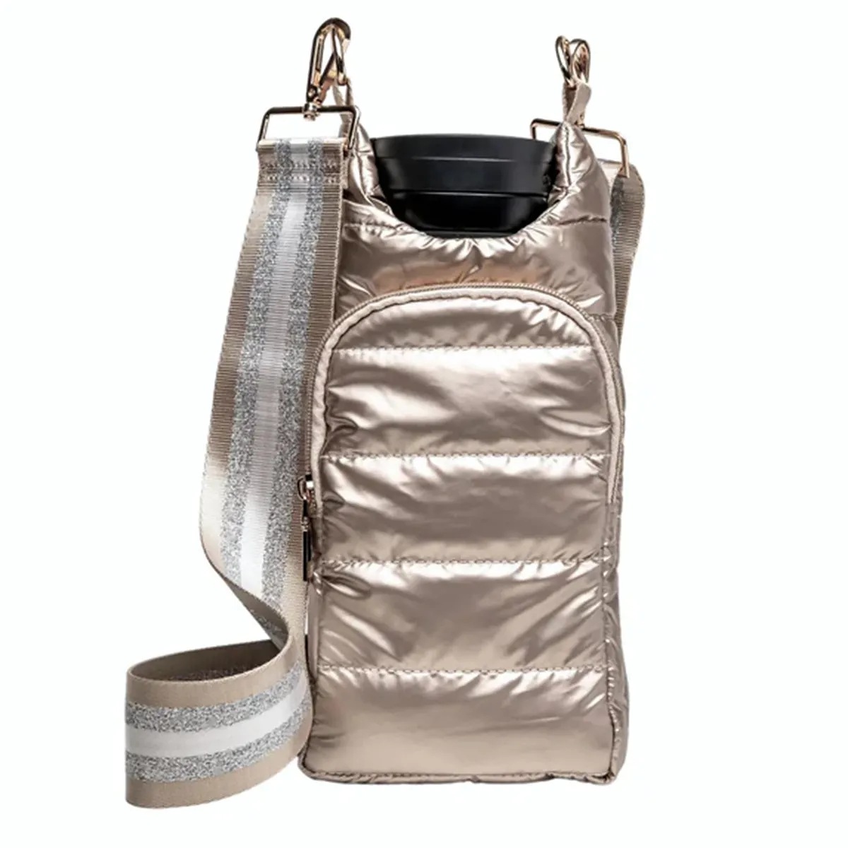 Wanderfull Water Bottle Bag Gold Metallic & Striped Strap Carrier Puffer Tote Quilted Handbag Sling Crossbody