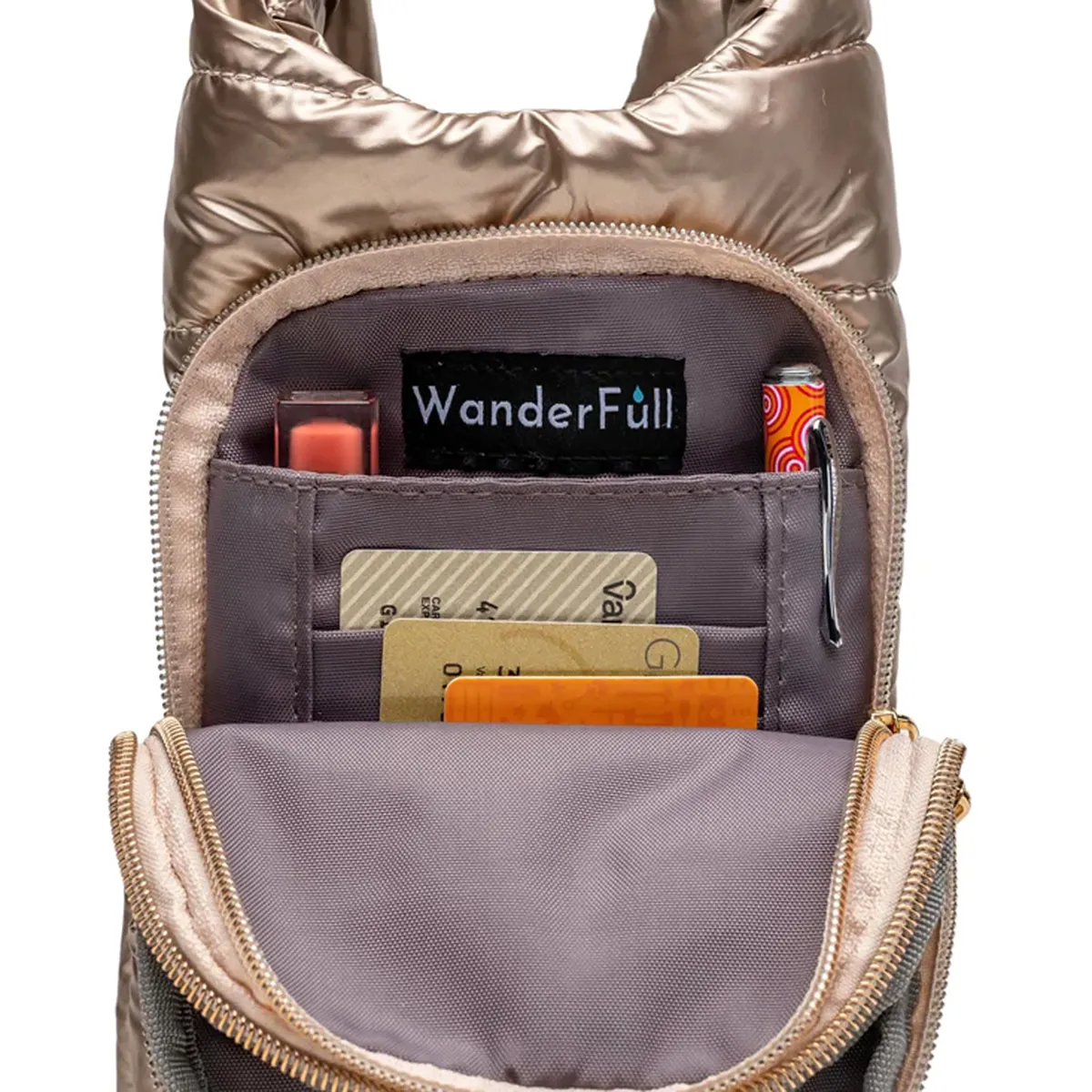 Wanderfull Water Bottle Bag Gold Metallic & Striped Strap Carrier Puffer Tote Quilted Handbag Sling Crossbody